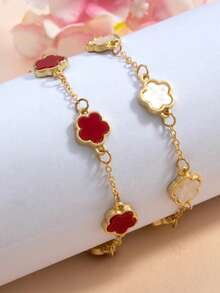 2pcs Fashionable Minimalist Red & White Five-Petal Flower & Clover Charm Bracelet, Versatile Summer Accessory - Red - View 4