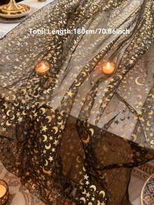 1件金色星月黑色薄纱桌旗，闪亮星空网纱桌巾，闪光薄纱面料装饰，宇宙主题家居装饰，夜空餐桌装饰，庆典派对道具，宴会餐厅布置，摄影背景 - 彩色 - 查看 6