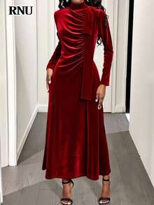 RNU Đầm maxi nhung màu đỏ tía trơn dành cho nữ, cổ cao, nơ lớn, trang phục thanh lịch cho quý cô, mùa thu/đông, đầm dài xếp ly, thích hợp cho lễ hội, tiệc năm mới, hẹn hò, kỳ nghỉ, thường ngày, trang phục mùa thu, trang phục ngày Valentine, đầm sinh nhật màu đỏ, trang phục mùa đông, thời trang đa năng, thiết kế độc đáo, đầm maxi dài tay dáng chữ A thanh lịch dành cho khách dự đám cưới. - Màu Đỏ Sâu - Xem 7