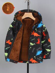 男童恐龙印花保暖连帽拉链外套，时尚街头风休闲外套，适合秋冬季穿着