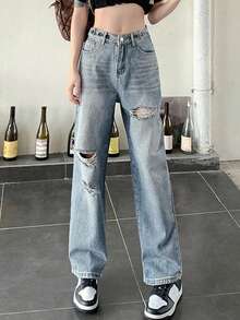 女士破洞宽松阔腿牛仔裤，可调节腰围直筒妈妈牛仔裤 - 藍色 - 查看 6