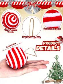 2/12 Pieces Of Fluffy Christmas Ball Accessories, Red And White /Red And Greenmint Candy Decoration Set, Hanging Christmas Tree Decoration, Christmas Ball Vortex Candy Baseball Suitable For Holidays,Xmas Tree Hanging, Holiday Parties & Themes (Swirl Candy Ball Design) - Multicolor - View 7