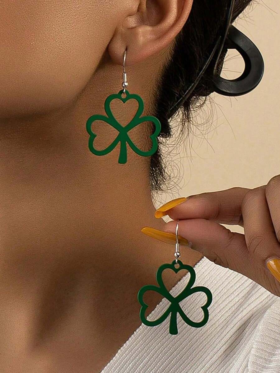 1对时尚简约绿色三叶草耳环,经典百搭,女士礼物,适合派对和情人节佩戴 - 綠色 - 查看 1