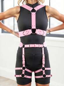 1 Set Pink Women PU Leather Thigh Garter Leg Harness Chest Gothic Stocking Belt Clothing Accessories - A - View 1