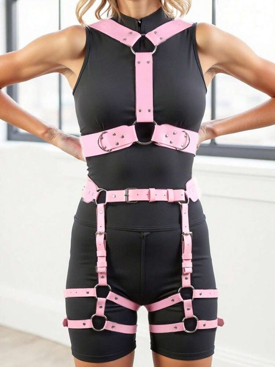 1 Set Pink Women PU Leather Thigh Garter Leg Harness Chest Gothic Stocking Belt Clothing Accessories - A - View 1