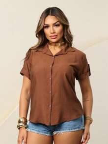 Women's Short-Sleeved Dress Shirt, Plain, Lightweight Viscose Fabric - 鏽棕色 - 查看 1