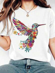 Artistic Floral Hummingbird Stitching Fashion Print Casual Plus Size T-Shirtnacional envio mujer,blusas para mujer>manga largo - Negro - Ver 6