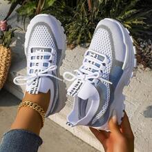 1 Pair Women's Sneakers, Knitted Breathable Soft Sole Chunky Sneakers, Exquisite Pattern, Elastic Cuff Design, Non-Slip Ventilated, Casual Sports Shoes Fitting Foot - White Blue - View 12