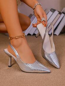 Sandalias de tacón de gatito de punta afilada para mujer - Plateado - Ver 10