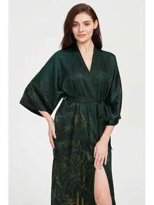 Women's Long Satin Silky Kimono Robe - Japanese Bathrobe Nightgown Loungewear Blouse - 李子色 - 漸層藍 - 查看 11