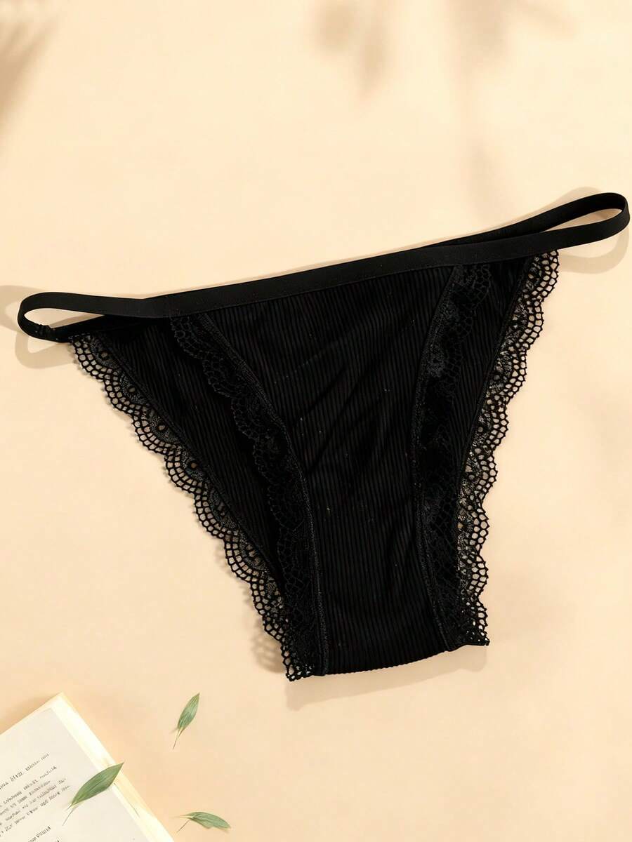 Ropa Interior Femenina Sólida De Color Con Encaje En Forma De Triángulo Y Adornos - Negro - Ver 1