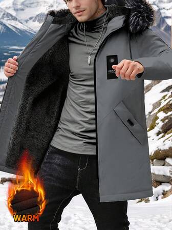 男士加厚连帽夹克，带可拆卸毛领和大口袋，适合日常户外运动、滑雪、休闲、约会和旅行。