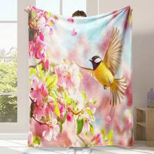 2D Flat, Vintage Floral Bird & Cherry Blossom Print Blanket - Soft Flannel All-Season Cozy Throw For Sofa, Bed, Office & Home Decor - Machine Washable, Bedroom Decor, Durable Fabric, Decorative Cover, Home Decorators - 彩色 - 查看 9