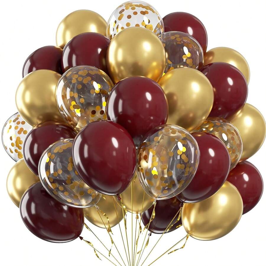 47pcs Wine Red & Gold Balloon Set, Includes Gold Metallic & Transparent Balloons, Rich & Luxurious Color Tones, Suitable For Weddings, Birthday Parties, Festivals, Proposals, And Photography Backdrops. Combines Glossy Finish And Transparent Luster For An Elegant, Romantic Ambiance And Ceremonial Atmosphere. - Burgundy - View 1