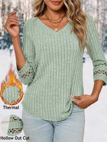 Womens Lightweight Thermal Fall Tunic Tops Lace V Neck 3/4 Sleeve Ribbed Blouse, Underscrubs Long Sleeve Base Layer - 綠色 - 查看 1
