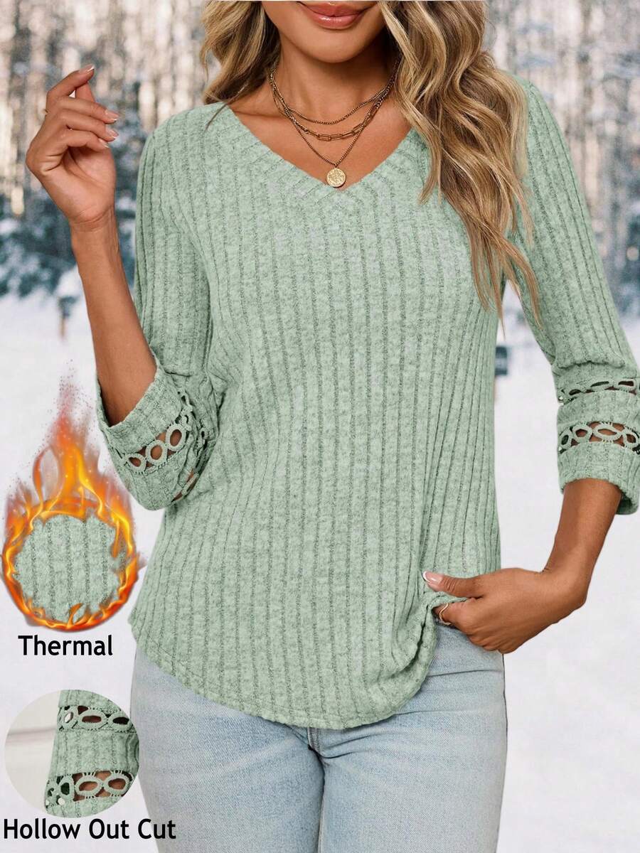 Womens Lightweight Thermal Fall Tunic Tops Lace V Neck 3/4 Sleeve Ribbed Blouse, Underscrubs Long Sleeve Base Layer - 綠色 - 查看 1