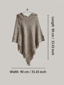 1件女士优雅斗篷，纯色针织镂空流苏披肩，高品质保暖外套，新款百搭斗篷毛衣，适合日常穿着 - 卡其色 - 查看 10