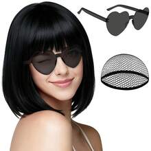 PLULON Dark Brown Short Bob Wig With Bangs For Women, Colorful Neon Short Bob Synthetic Hair Wigs With Hair Cap Heart Sunglasses For Girls Men Daily Bachelorette Halloween Costume Party SuppliesEssential Festive Atmosphere For Christmas - Black - View 7