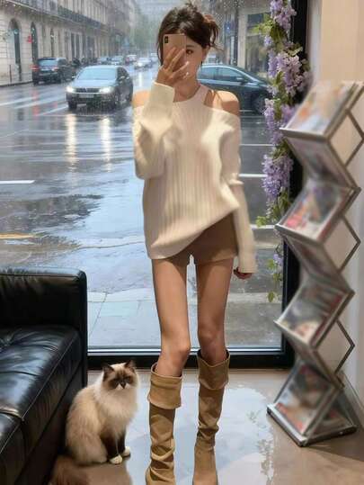 时尚针织女式毛衣，别致高品质套头衫，露背不对称宽松休闲上衣，秋冬款