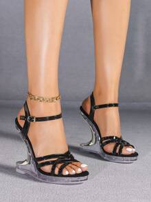 时尚性感透明水晶坡跟透气新款凉鞋，欧美风格 - 黑色 - 查看 2