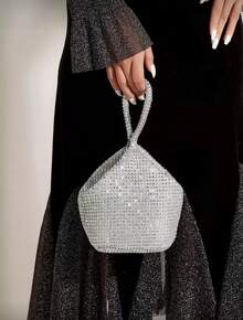 Lightweight, Business Casual Rhinestone Decor Bucket Bag Mini Drawstring Design, Clear Bag Faux Faux Pearl Bag Evening Bag, Dinner Bag Glamorous, Elegant, Exquisite, Quiet Luxury Rhinestone For Party Girl, Woman, Bride Perfect For Party, Dinner/Banquet Christmas Party Dress, Glamorous Rhinestone Bag, Perfectly Matching With Bridal Party, Best Choice Elegant Bag For Bridal Shower, Clutch Bag For Wedding, Party Bags,Perfect For Party Wedding Prom Dinner/Banquet Matching With Holiday Party Dress Evening Dress & Sequin Dress - 銀色 - 查看 1