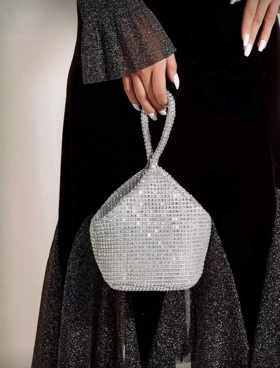 Lightweight, Business Casual Rhinestone Decor Bucket Bag Mini Drawstring Design, Clear Bag Faux Faux Pearl Bag Evening Bag, Dinner Bag Glamorous, Elegant, Exquisite, Quiet Luxury Rhinestone For Party Girl, Woman, Bride Perfect For Party, Dinner/Banquet Christmas Party Dress, Glamorous Rhinestone Bag, Perfectly Matching With Bridal Party, Best Choice Elegant Bag For Bridal Shower, Clutch Bag For Wedding, Party Bags,Perfect For Party Wedding Prom Dinner/Banquet Matching With Holiday Party Dress Evening Dress & Sequin Dress - 銀色 - 查看 1