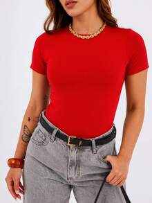 Women's Blouse In Spandex, Short Sleeve, Basic, Simple, Casual, Elegant - 紅色 - 查看 1