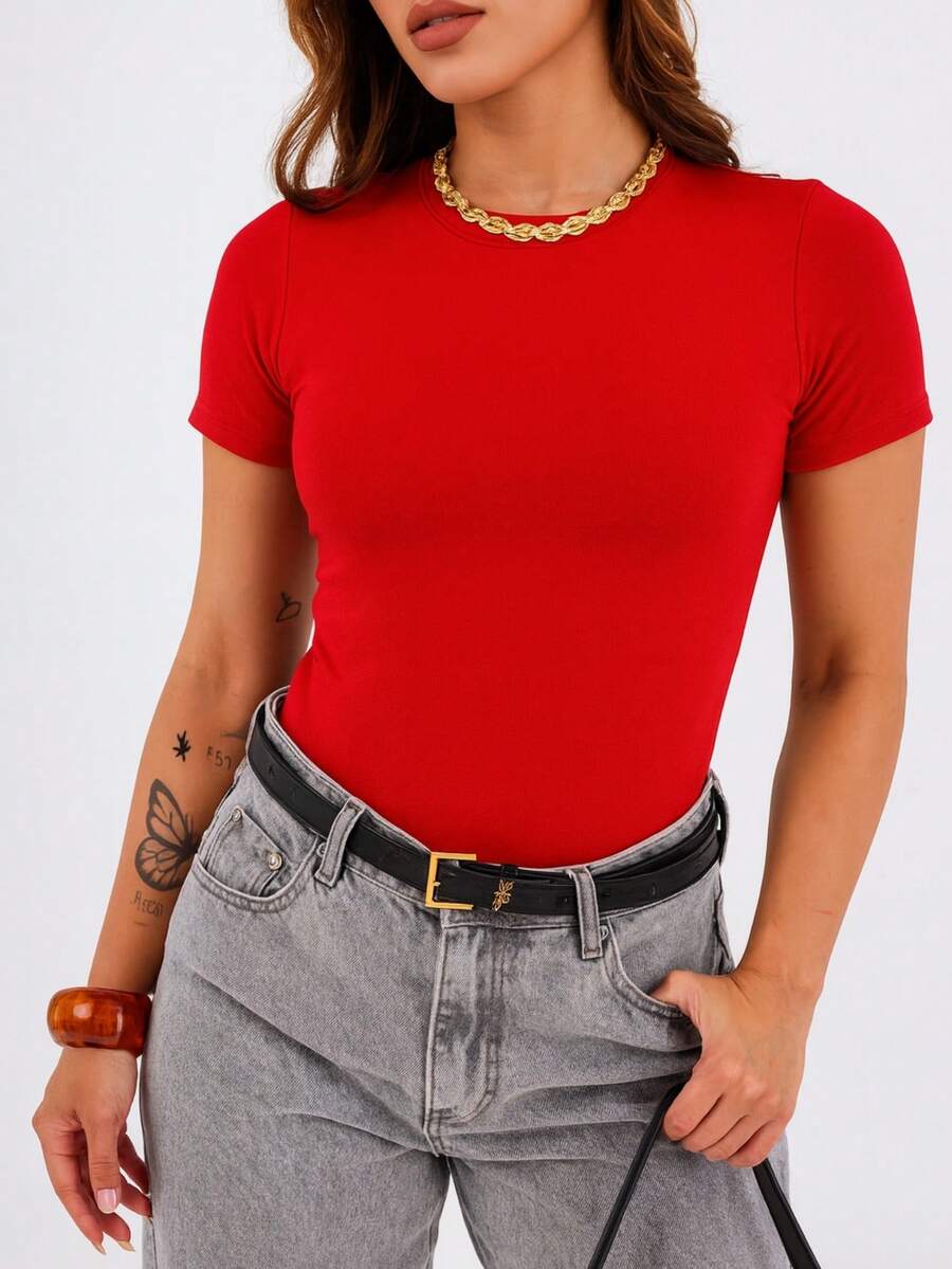 Women's Blouse In Spandex, Short Sleeve, Basic, Simple, Casual, Elegant - 紅色 - 查看 1