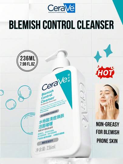 CeraVe Blemish Control Salicylic Acid Brightening Cleanser 236ML/7.98FL.OZ, Strong Oil Control, Non-Greasy, Smoother & Healthier Skin - Featuring 2% Salicylic Acid to Dissolve Pore Plugs, 1.1% Glycolic 到 Es Non-Foaming, Gentle for Mild-Moderate Blemish-Prone Skin, No Disrupting Natural Defenses, Friendly for Sensitive Skin, Essential Item for Daily Skin Caring