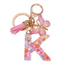 1pc New Pink Sequin 26 Letter Epoxy Butterfly Tassel Metal Keychain Wholesale Bag Charm Jewelry Gift - Pink - View 27