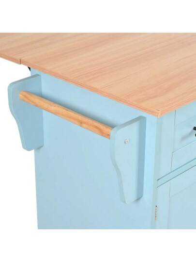 139x46(71)X91.5 Cm Large Esswagen/Anrichte, Korpus Blau Arbeitsplatte In Massivholzmaserung, Klappbare Arbeitsplatte, Ablagetür, Rollen, Auswechselbare Massivholzfüße, Geeignet Für Esszimmer, Küche view 6