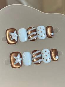 Conjunto de 10 peças de decorações de unhas minimalistas e fofas em estilo Y2K com bolinhas, estrelas, lantejoulas, bolas 3D, listras e blocos de cores.
