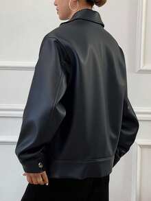 Livesso 翻领拉链宽松休闲男友风摩托车仿皮夹克 - 黑色 - 查看 5