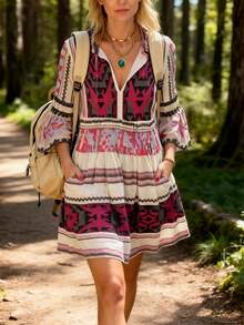 Frühlings- & Sommer-Urlaubs-Lässig Boho Geometrisches Muster V-Ausschnitt Rüschen Saum Seitenbindung Midi Kleid - Verschiedenfarbig - Übersicht 9