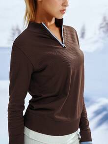 Leorrey 1pc Women's Fashion Wool Ribbed Mock Neck Half Zip Colorblock Snow Outfits Winter Sports - Mocha Brown - View 4