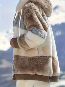 Women's Winter Casual Plaid Lined Hooded Regular Jacket, Warm Autumn/Winter Outerwear With Zipper Closure, Multi-Color Patchwork Design, And Fluffy Lined For Cozy Warmth, Cozy Winter Wear | Elegant Outerwear, Christmas Outfit, Local Warehouse - Khaki - View 5