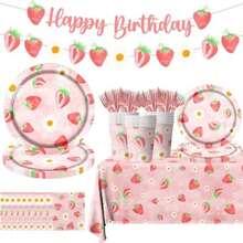 Suministros de fiesta de neón, 142 piezas de decoraciones de fiesta que dejan brillar incluyendo platos de papel desechables, tazas, manteles, decoración temática que brilla en la oscuridad para(Fresa) - Multicolor - Ver 2