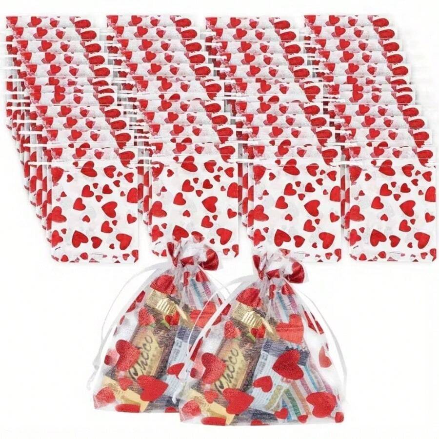 20/40pcs Heart Shaped Organza Bags, Red Heart Gift Bags, 3.5x4.7 Inches, Suitable For Valentine's Day, Wedding, Party, Gift Packaging - Red - View 1