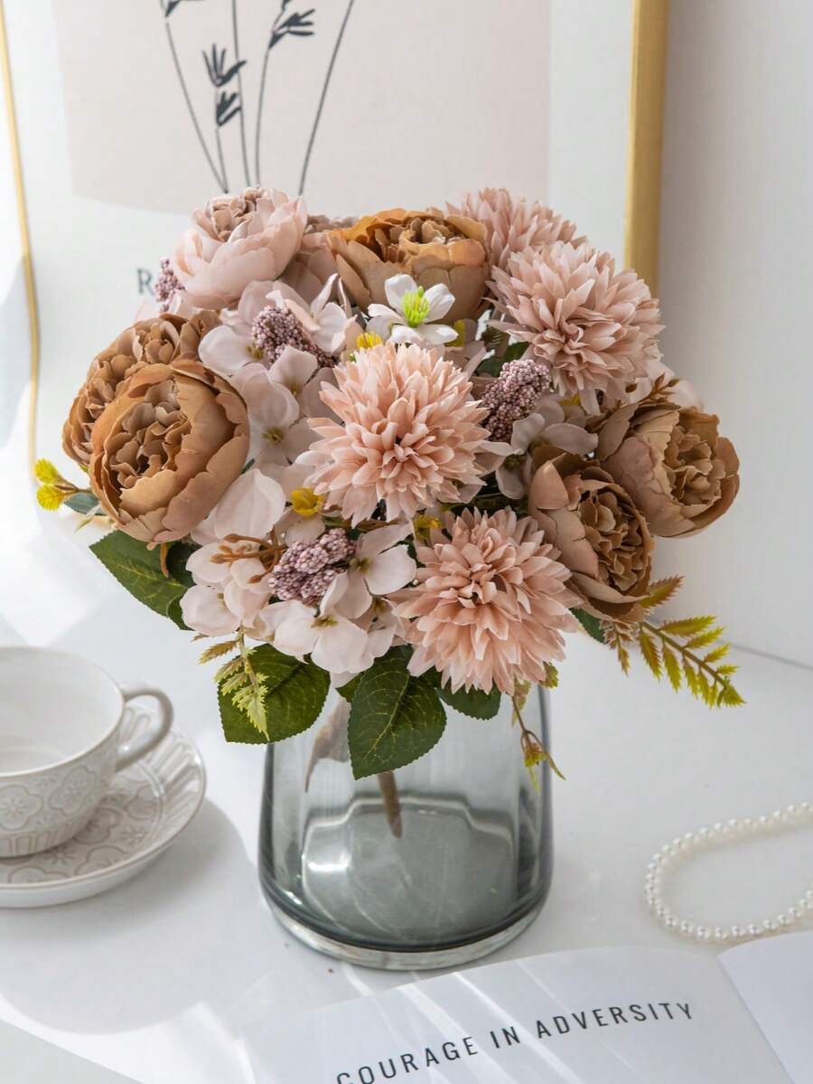 1/80 pièces Hortensia en soie artificielle de 30 cm, pivoine, rose, chrysanthème boule, fleurs artificielles, bouquet de fleurs artificielles pour DIY, mariage, fête, maison, salon, cuisine, jardin, hôtel, bureau, couronne de DIY, cadeau, centre de table, décoration d'anniversaire, intérieur, extérieur, fleurs en plastique factices en vrac pour décoration de vase, décoration de ferme, décoration de mariage bohème - Couleur café - Voir 1