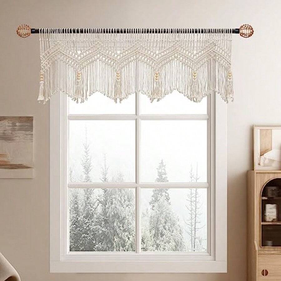 XZGB Boho Valance Macrame Curtains For Windows Macrame Valance For Bedroom Livingroom Boho Decor Wall Hanging 1 Panel 52" W X 21" L - Natural - 查看 1
