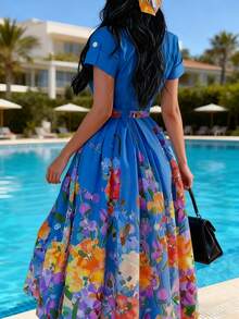 Đầm nữ mới in hoa, cổ tròn, ôm eo, thời trang thanh lịch, cài cúc, dáng xòe, thích hợp cho mùa hè. - Màu xanh lam - Xem 4