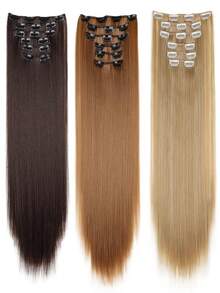 24Inch 16 Clips In Hair Extensions Long Straight Hairstyle Synthetic Blonde Black Hairpieces Heat Resistant False Hair Daily Use - Multicolor - View 8