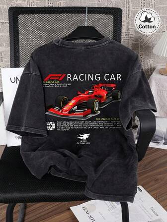 男士圆领短袖通勤休闲上衣，复古赛车印花水洗T恤