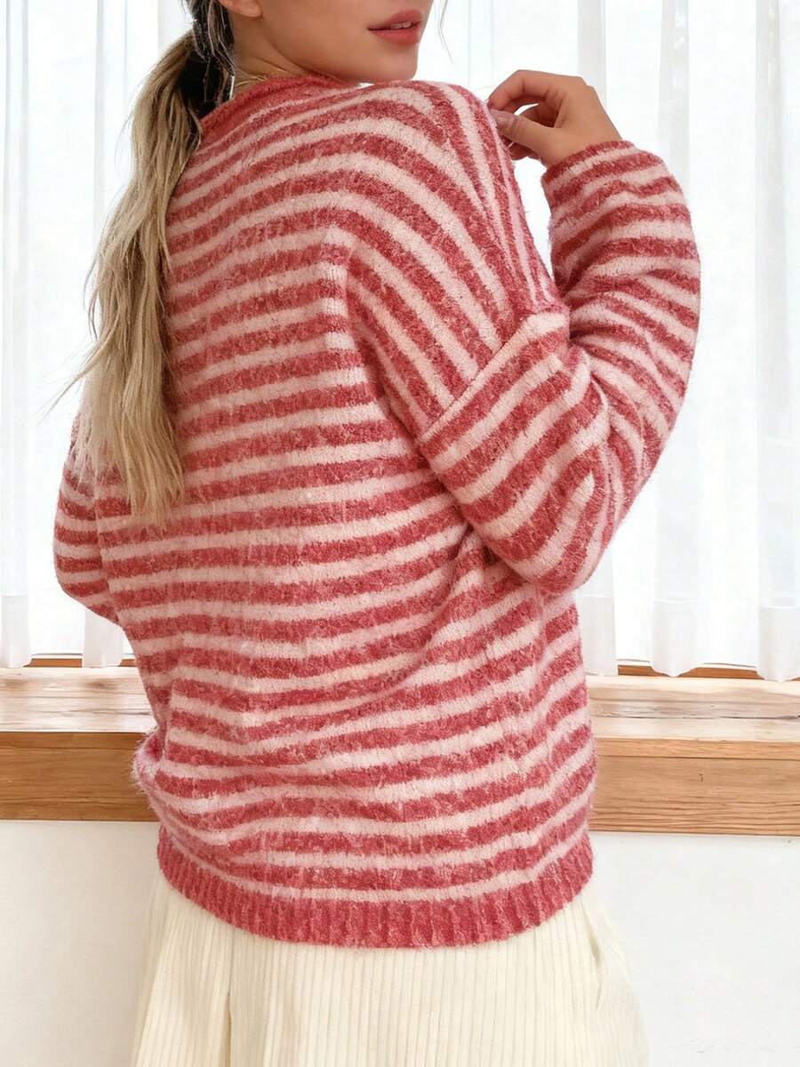 Women Striped Knit Sweater Long Sleeve Button Closure Solid/Stripes Pullover Warm Sweater For Fall Winter - Burgundy - View 1