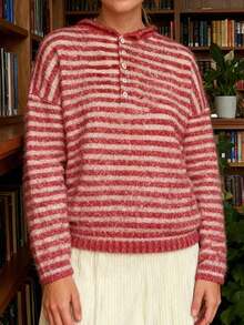 Women Striped Knit Sweater Long Sleeve Button Closure Solid/Stripes Pullover Warm Sweater For Fall Winter - Burgundy - View 4
