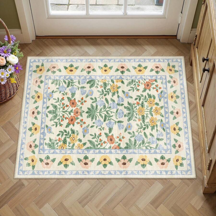 1pc Vintage Washable Beige Floral Oriental Style Non-Slip Rug, High Density 1350g/㎡, Artificial Cashmere Super Soft Fiber Bathroom Carpet, Ultra Soft Bath Mat, Area Rug, Doormat, Machine Washable, Low Pile, TPR Backing, Fluffy Fabric, Suitable For Entryway, Bathroom, Bedroom, Kitchen, Entrance, Indoor & Outdoor, Bathroom Accessories, Christmas Kitchen Decor - Multicolor - View 1