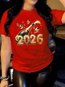 Women's Red 2026 Graphic T-Shirt, Casual Crew Neck Short Sleeve T-Shirt For New Year Party - Red - View 2