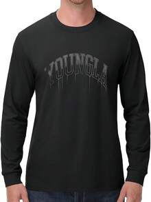 Men's Black Crew Neck 230g Pure Cotton Long Sleeve T-Shirt, With YoungLA Dripping Text Graphic, Must-Have Street Fashion Printed T-Shirts For Autumn And Winter - 黑色 - 查看 1