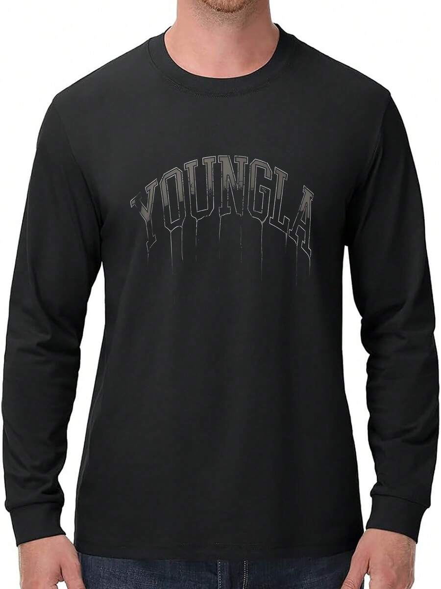 Men's Black Crew Neck 230g Pure Cotton Long Sleeve T-Shirt, With YoungLA Dripping Text Graphic, Must-Have Street Fashion Printed T-Shirts For Autumn And Winter - 黑色 - 查看 1