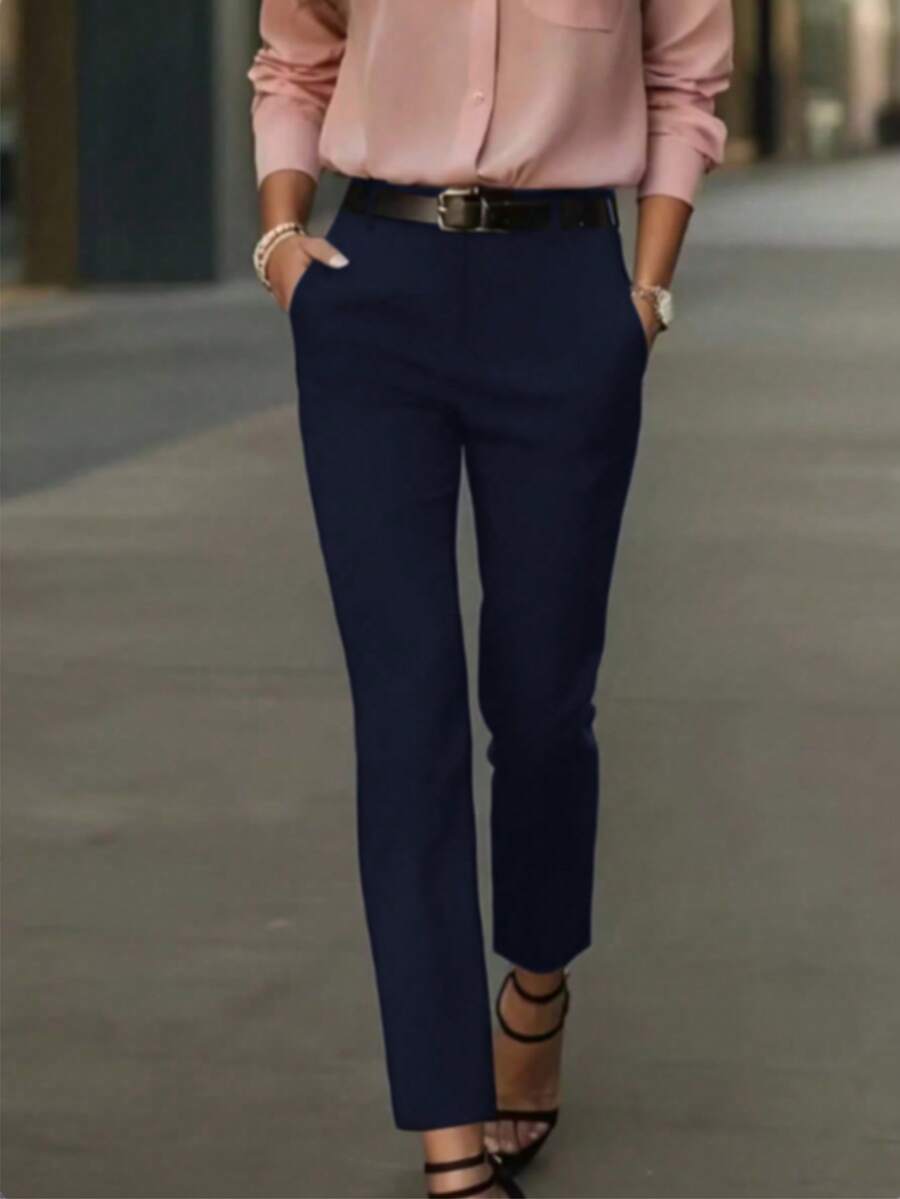 Women's Trousers - Elegant And Fashionable, Suitable For Work, Without Belt - Navy Blue - View 1